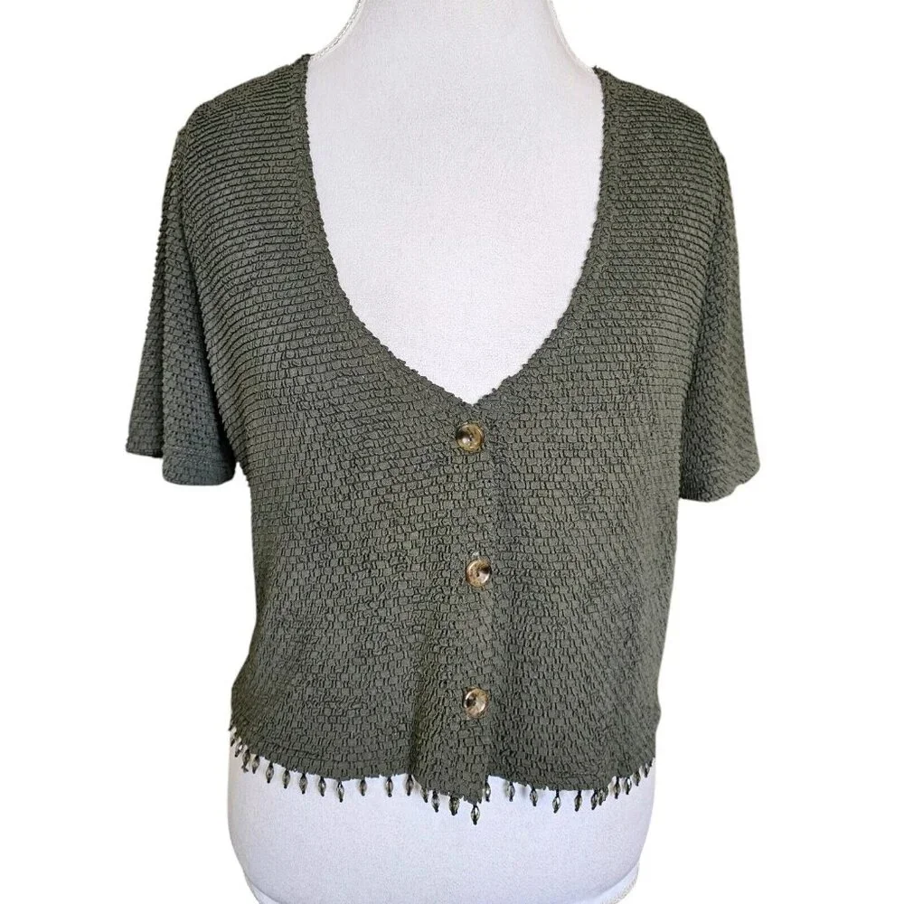 Vintage 90s Womens Dark Green Short Sleeve Cardigan Textured Beaded Semi Cropped